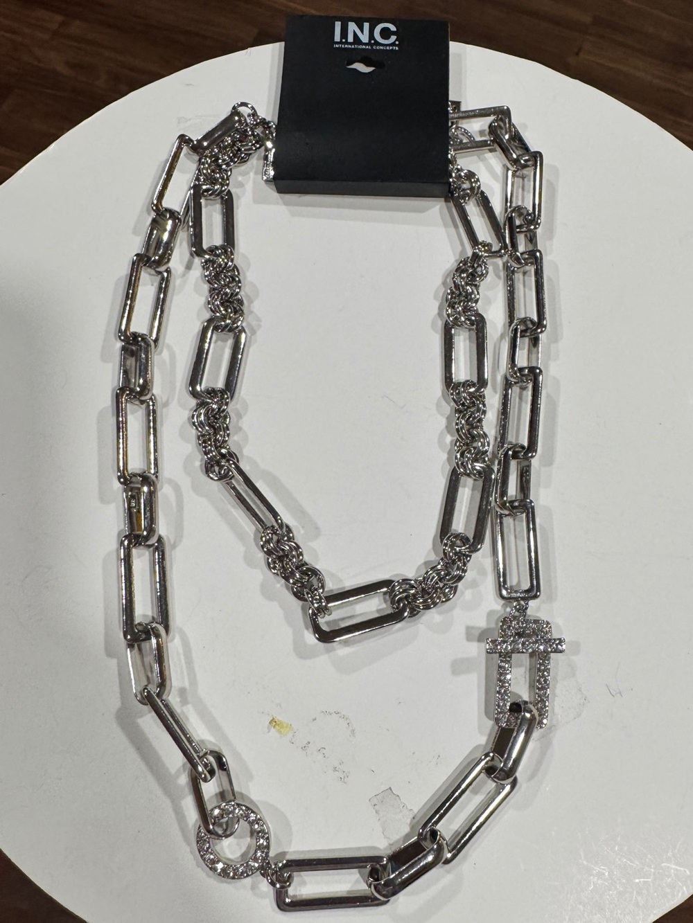 INC International Concepts Silver Crystal-Accent Paperclip Layered Necklace